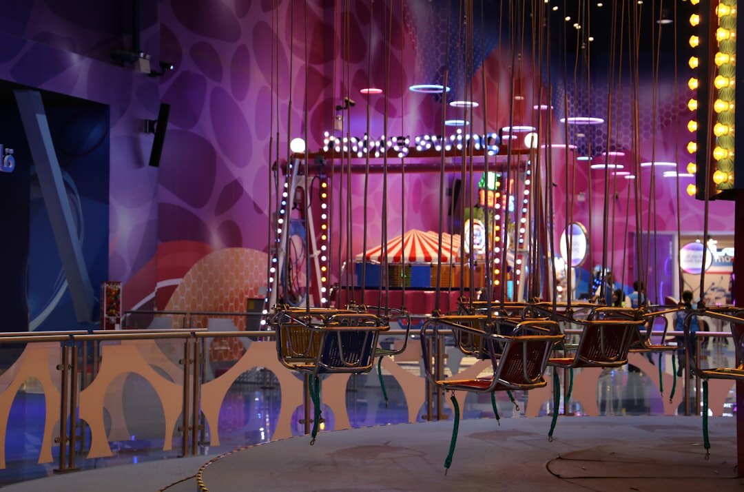 Empty television talk show studio set with stage lighting