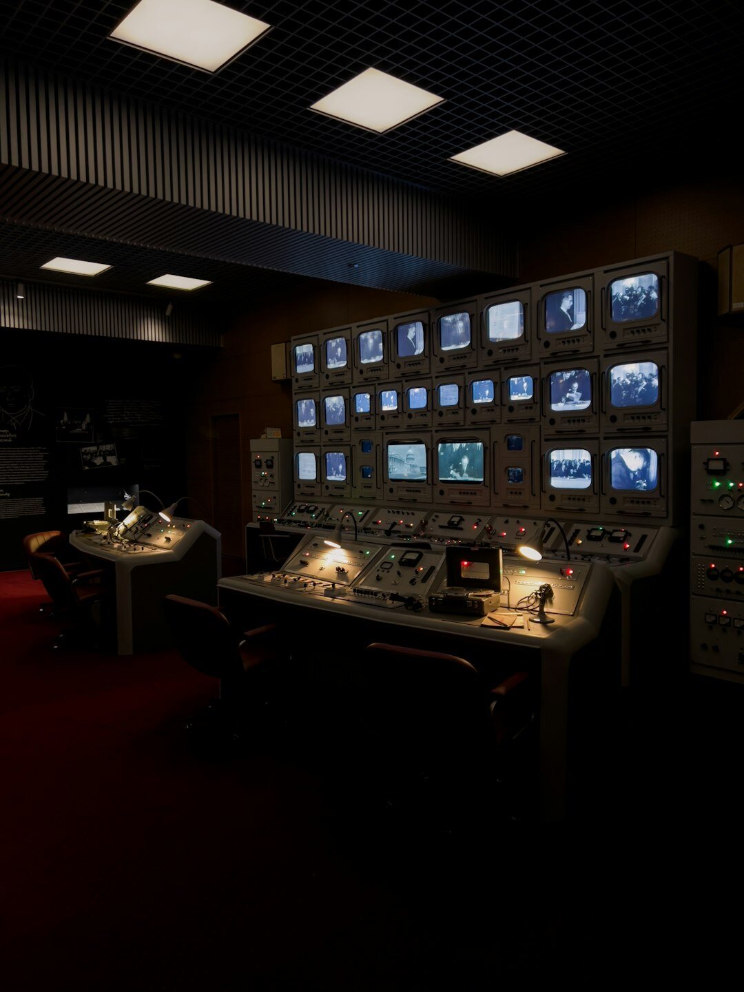 Television broadcast control room with multiple monitors